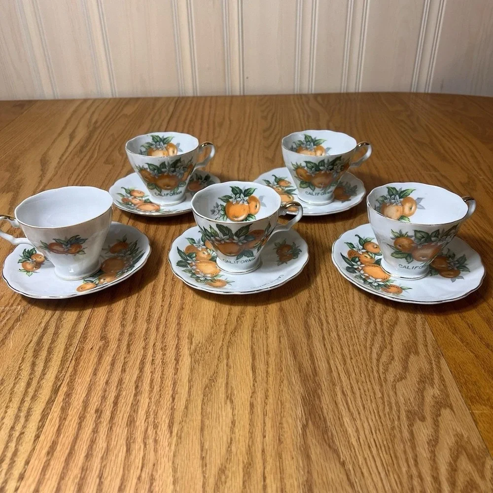 VTG California Orange Tea Cups & Saucers Set of 5 E.W. Princess Hand Painted